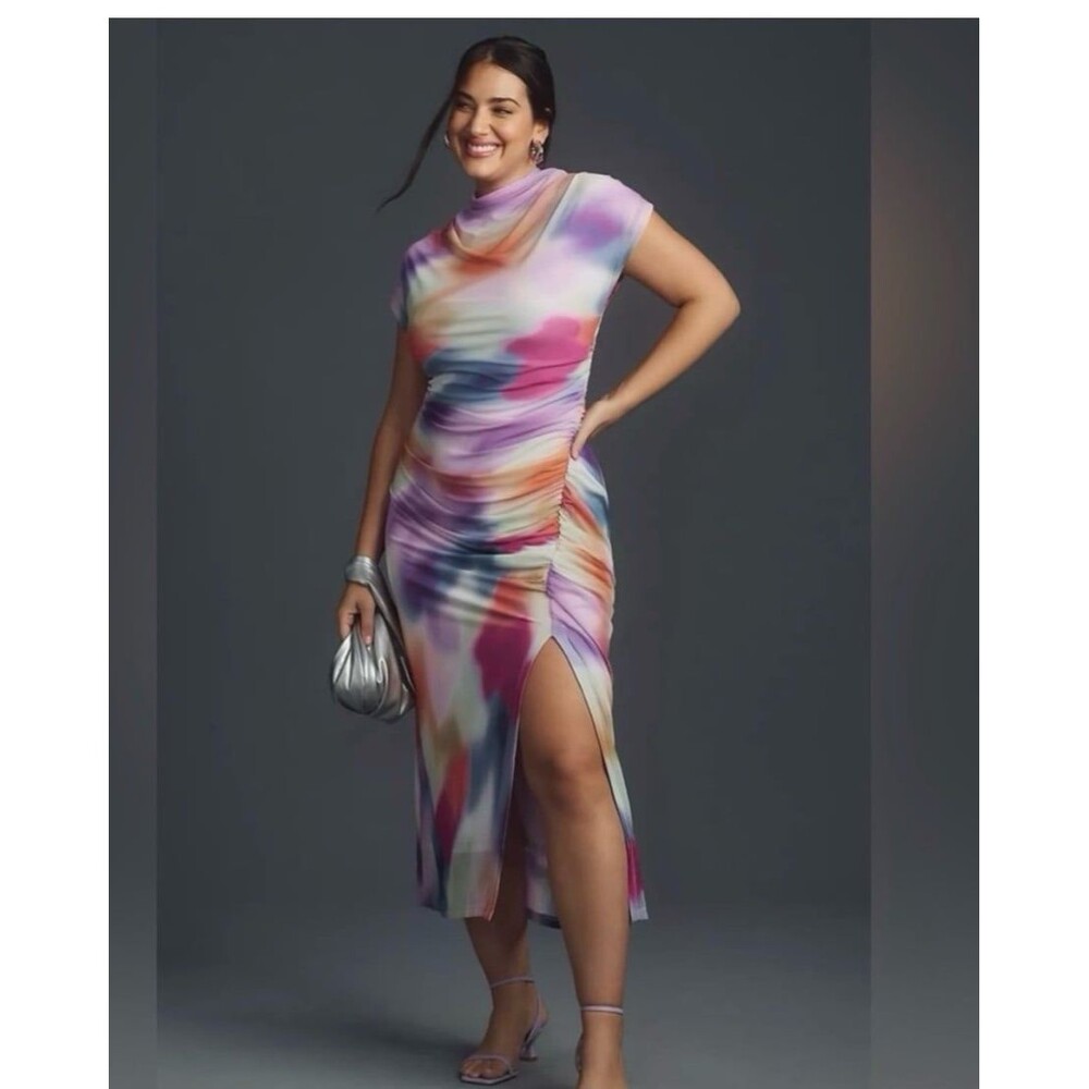Anthropologie The Maya Ruched Cowl Neck Mesh Midi Dress Women’s Size 2X - Picture 2 of 12